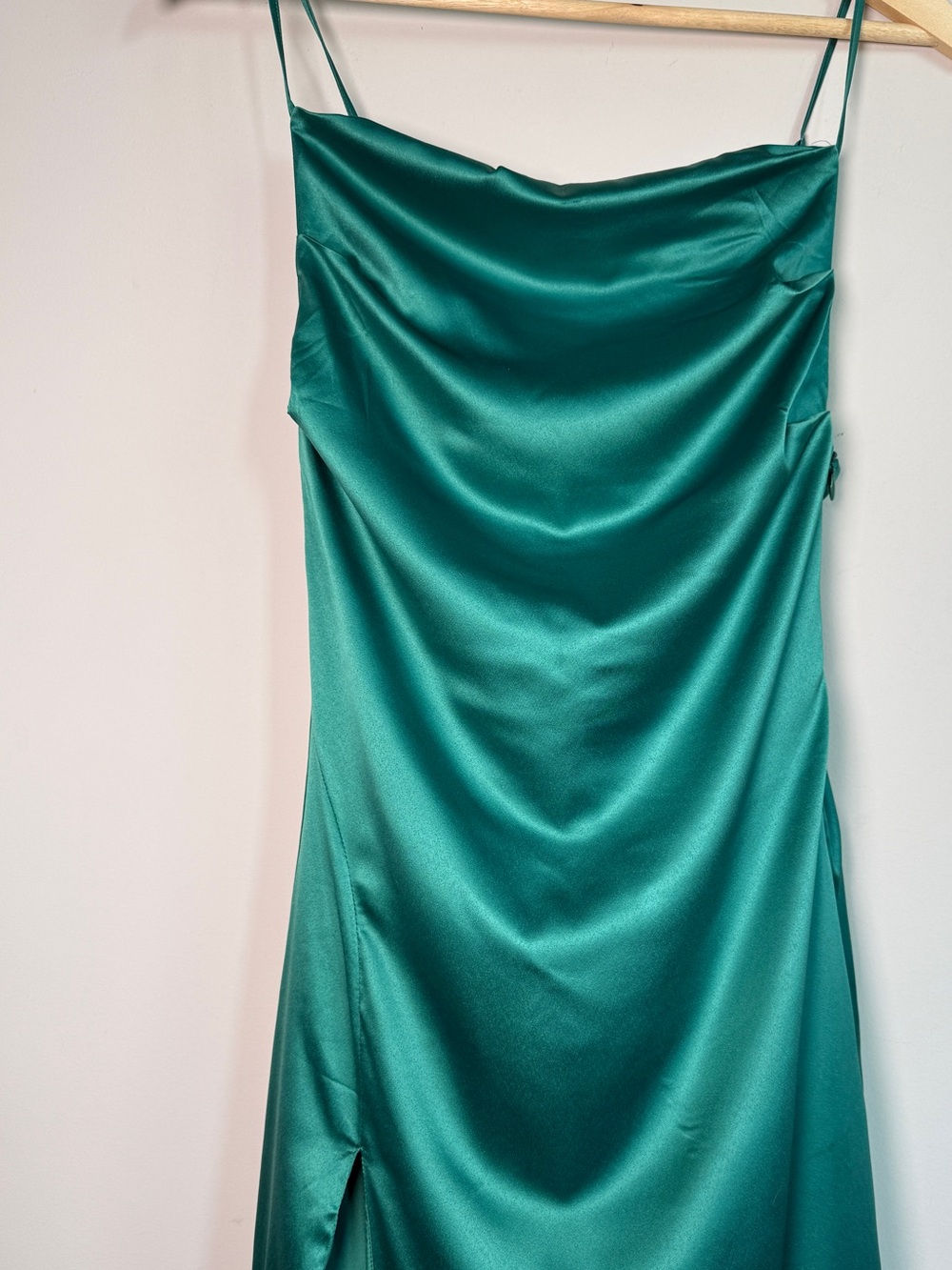 Finesse | Emerald Green Satin Cowl Neck Slip Maxi Dress Side Slit Evening Sz Xs — image 2 of 8